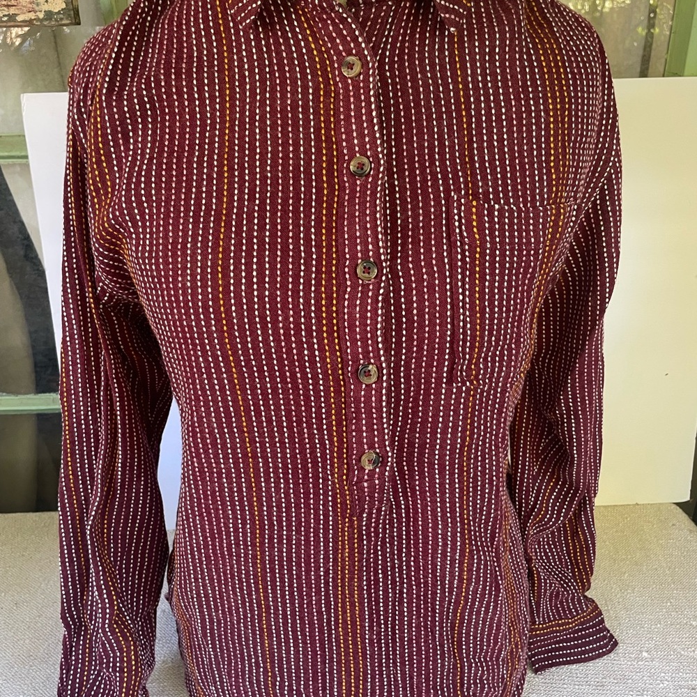Anthropologie Maroon and Mustard Striped Shirt